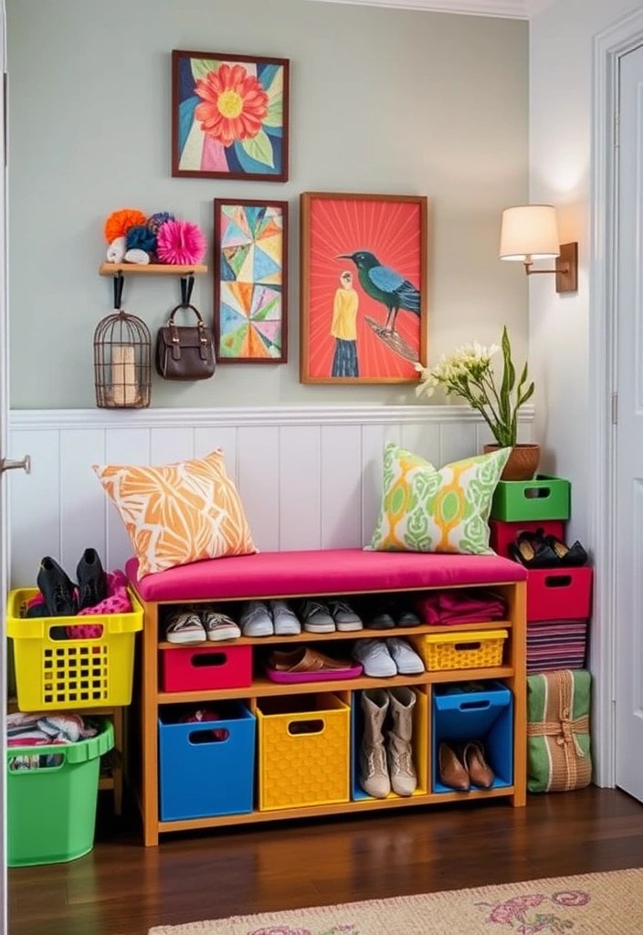 14 Welcoming Spring Entryway Decor Ideas to Impress Your Guests! - 12. Colorful Storage Solutions