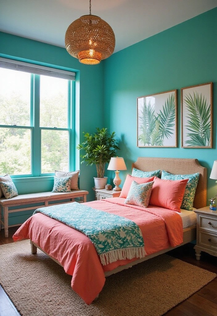 12 Vibrant Color Schemes to Brighten Up Your Bedroom (Warning: #7 Is Bold!) - 2. Tropical Paradise: Teal and Coral