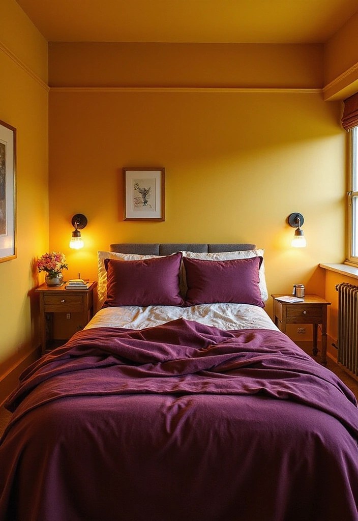 12 Vibrant Color Schemes to Brighten Up Your Bedroom (Warning: #7 Is Bold!) - 4. Sunset Bliss: Warm Yellow and Deep Plum