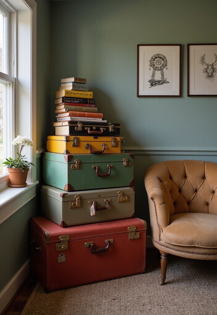 15 Chic Book Storage Ideas That Maximize Space and Style (Check Out #9!) - 6. Vintage Suitcases: A Travel-Inspired Touch