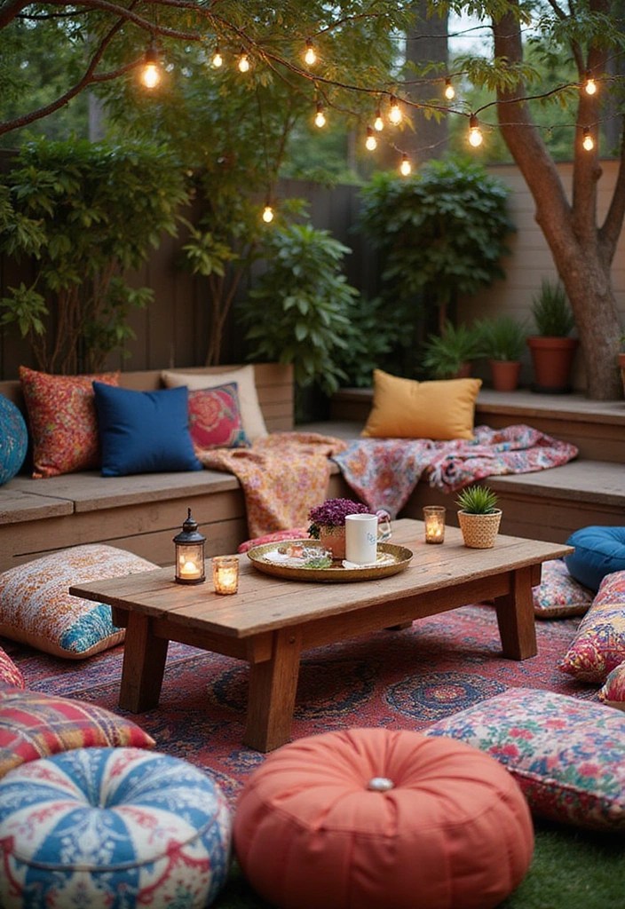 15 Stunning Outdoor Tables and Seating Solutions That'll Transform Your Backyard! - 4. Bohemian Vibes with a Low Table and Floor Seating
