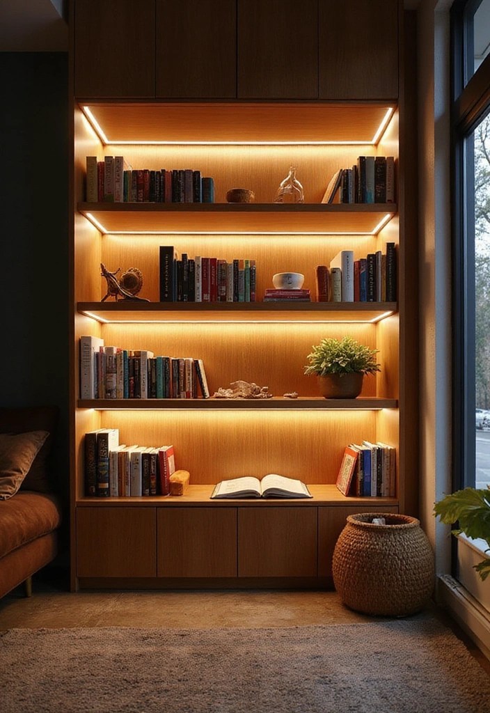 22 Spring Lighting Decor Tips That Will Create a Cozy Ambiance (You’ll Love #13!) - 21. Add Lighting to Shelving