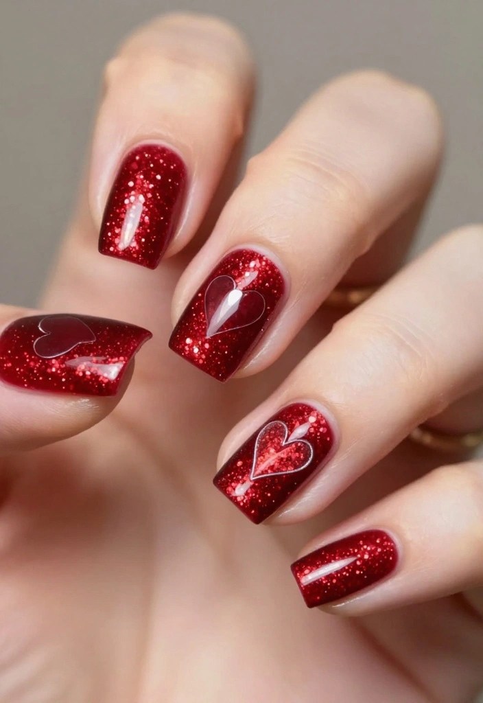 15 Adorable Valentine's Nail Ideas That'll Make You Fall in Love at First Sight! - 5. Glittering Love 1