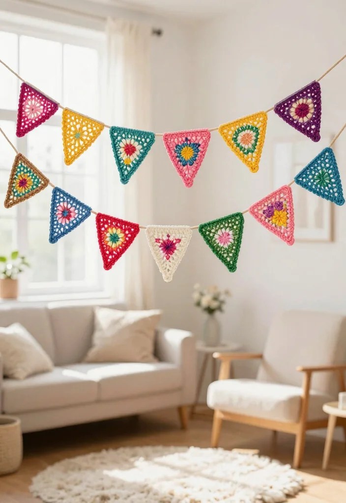 20 Adorable Spring Crochet Ideas to Brighten Your Home (You Won't Believe #7!) - 6. Colorful Bunting Banners 1