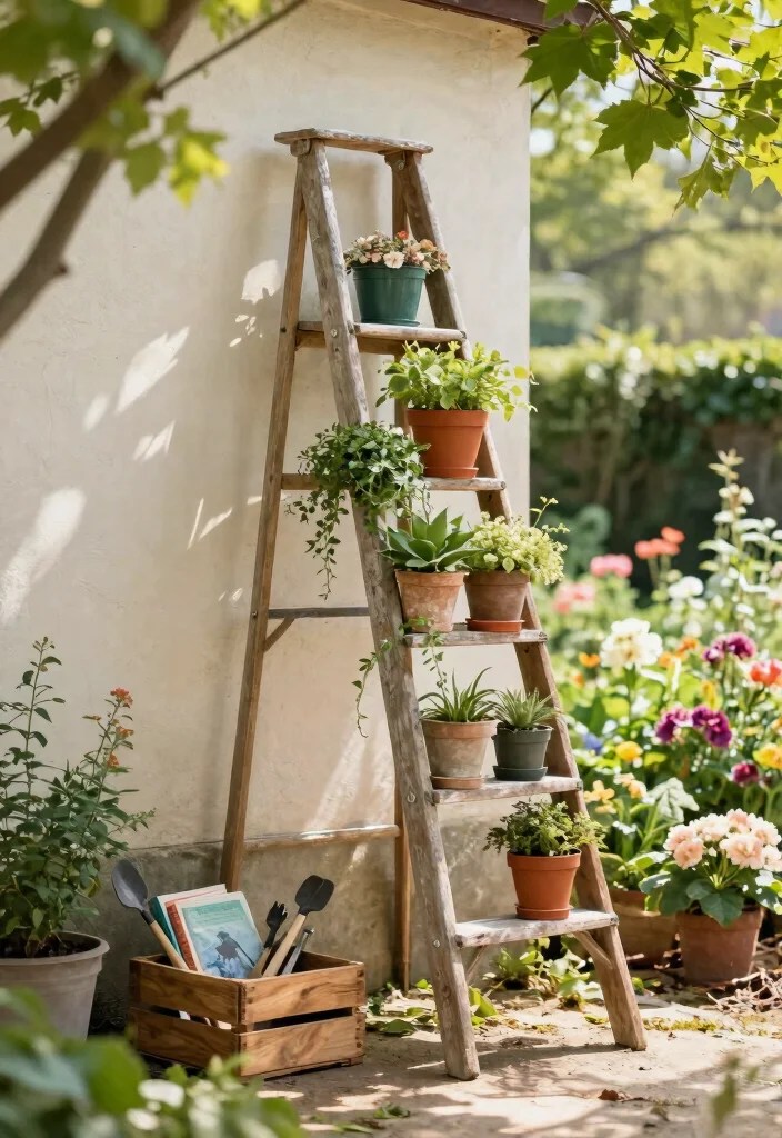 15 Vintage Garden Decor Ideas That'll Make Your Outdoor Space a Timeless Retreat! - 1. Repurposed Vintage Ladders 1